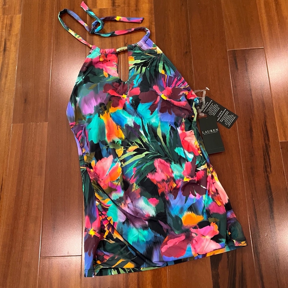 Lauren Ralph Lauren Tankini Top Swim Floral Tropical Pink Multi Halter New NWT 6
